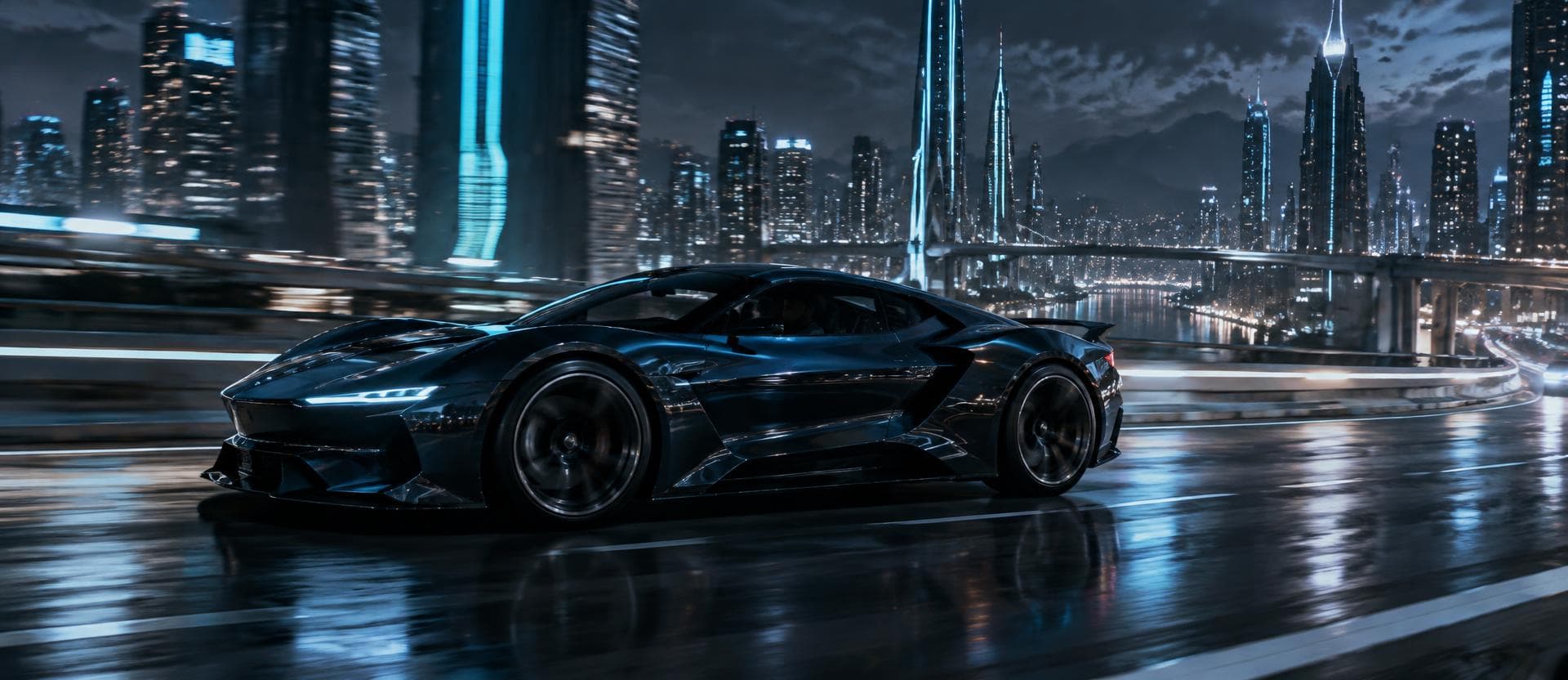 A dark sports car speeding through a futuristic night city